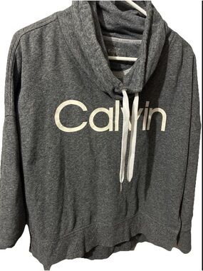 Calvin Klein-Logo Gray Cowl Neck Pullover Oversized Cropped Sweatshirt Sz Small